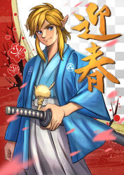 Rule 34 | 1boy, 2022, absurdres, alternate costume, blonde hair, blue eyes, cherry blossoms, earrings, haori himo, happy new year, highres, japanese clothes, jewelry, katana, kimono, link, looking at viewer, new year, nintendo, pointy ears, sidelocks, smile, sword, takapon-o-ji, the legend of zelda, the legend of zelda: breath of the wild, translation request, triforce, weapon, yukata