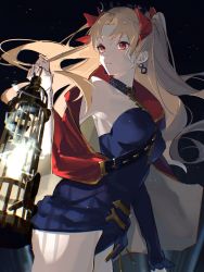 Rule 34 | 1girl, absurdres, asymmetrical sleeves, black background, blonde hair, bow, breasts, cape, commentary request, earrings, ereshkigal (fate), expressionless, fate/grand order, fate (series), gold trim, hair bow, hair ribbon, highres, holding, holding lantern, hoop earrings, infinity symbol, jewelry, lantern, light particles, long hair, looking away, medium breasts, multicolored cape, multicolored clothes, nakatsuka123, parted bangs, red cape, red eyes, ribbon, simple background, single sleeve, solo, spine, tiara, two side up, uneven sleeves, upper body, very long hair, yellow cape