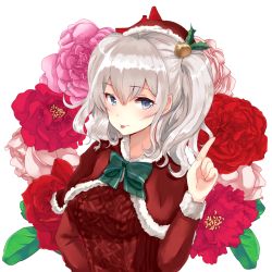 Rule 34 | 10s, 1girl, :p, aran sweater, bad id, bad pixiv id, bell, blue eyes, cable knit, capelet, chiune (yachi), flower, hair bell, hair ornament, hat, highres, index finger raised, kantai collection, kashima (kancolle), long hair, santa costume, santa hat, silver hair, smile, solo, sweater, tongue, tongue out, twintails, wavy hair