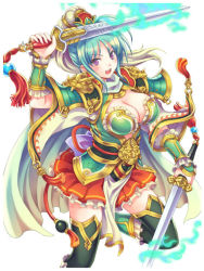 Rule 34 | &gt;:o, 1girl, :o, aqua hair, armor, blush, breasts, cape, cleavage, cowboy shot, dual wielding, green thighhighs, hat, hisho collection, holding, holding sword, holding weapon, japanese armor, large breasts, looking at viewer, official art, open mouth, pauldrons, petticoat, purple eyes, red skirt, short hair, shoulder armor, skirt, solo, sword, thighhighs, toshi, v-shaped eyebrows, vambraces, weapon, wide sleeves