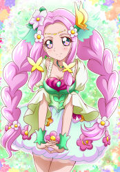 Rule 34 | 1girl, blush, braid, breasts, cleavage, closed mouth, collarbone, cowboy shot, cure felice, earrings, floating hair, flower, flower in eye, hair flower, hair intakes, hair ornament, hanzou, highres, jewelry, long hair, looking at viewer, mahou girls precure!, medium breasts, miniskirt, necklace, pink hair, precure, skirt, smile, solo, standing, symbol in eye, twin braids, twintails, very long hair, white flower, white skirt