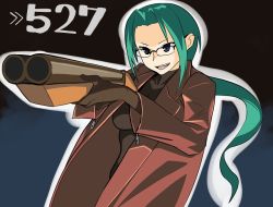 Rule 34 | 1girl, :d, aiming, arrow (symbol), black background, blue background, blue eyes, breasts, coat, cowboy shot, double-barreled shotgun, double barrels, foreshortening, forgotten artist, from side, glasses, gloves, green hair, gun, happy, holding, holding gun, holding weapon, long hair, long sleeves, looking to the side, medium breasts, multiple-barrel firearm, nitroplus, open clothes, open mouth, outline, ponytail, rectangular eyewear, ryman, sawed-off shotgun, saya no uta, shotgun, side-by-side-barreled shotgun, sidelocks, simple background, slit pupils, smile, solo, tanbo ryouko, trench coat, two-tone background, very long hair, weapon, zipper