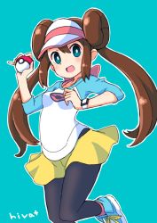 Rule 34 | 1girl, black pantyhose, blush, bow, breasts, bright pupils, brown hair, commentary, creatures (company), double bun, game freak, green eyes, hair bun, highres, hiva+, holding, holding poke ball, long hair, looking at viewer, nintendo, open mouth, outline, pantyhose, pantyhose under shorts, pink bow, poke ball, pokemon, pokemon bw2, raglan sleeves, rosa (pokemon), shirt, shoes, short shorts, shorts, smile, sneakers, solo, tongue, twintails, visor cap, white pupils, yellow shorts
