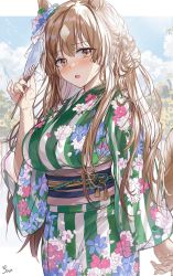 Rule 34 | 1girl, :o, alternate costume, blush, braid, breasts, brown eyes, brown hair, cloud, commentary, floral print, flower, hair between eyes, hair ornament, half updo, hand fan, hand up, highres, holding, holding fan, horse girl, horse tail, japanese clothes, kimono, large breasts, letterboxed, long hair, long sleeves, looking at viewer, obi, open mouth, outside border, paper fan, print kimono, sash, satono diamond (umamusume), saya (mychristian2), signature, solo, standing, striped clothes, striped kimono, sunflower, sweat, tail, uchiwa, umamusume, vertical-striped clothes, vertical-striped kimono, yellow flower