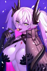 Rule 34 | 1girl, asamura hiori, black cape, breasts, candy, cape, character request, cleavage, earrings, fate/grand order, fate (series), food, highres, horns, jewelry, large breasts, lollipop, long hair, long sleeves, looking at viewer, open mouth, pink hair, pointy ears, revision, smile, solo, tongue, tongue out, twintails, yellow eyes