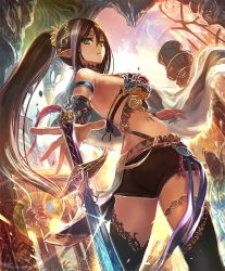 Rule 34 | 1girl, artist request, brown hair, cygames, earrings, gold trim, green eyes, indoors, jewelry, long hair, looking at viewer, looking back, multicolored hair, official art, parted lips, pointy ears, ponytail, revealing clothes, scabbard, shadowverse, sheath, shorts, solo, sword, temple, thighhighs, underworld ruler aisha, weapon