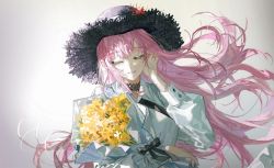 Rule 34 | 1girl, black bow, black choker, black ribbon, bouquet, bow, choker, closed eyes, closed mouth, dress, facing viewer, floating hair, flower, tucking hair, hat, highres, holding, holding bouquet, hololive, hololive english, light smile, long hair, long sleeves, mori calliope, pink hair, quasarcake, ribbon, solo, straw hat, upper body, very long hair, virtual youtuber, yellow flower