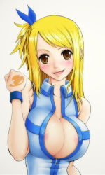Rule 34 | 1girl, areola slip, bare shoulders, blonde hair, blush, breasts, brown eyes, center opening, cleavage, fairy tail, huge breasts, large breasts, lucy heartfilia, nipple slip, nipples, no bra, rudo, shirt, sleeveless, smile, solo, tattoo, unzipped, white shirt, wristband, zipper