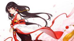 Rule 34 | 1girl, bai banca, bare shoulders, black hair, blush, cherry blossoms, highres, long hair, original, petals, red eyes, simple background, smile, solo