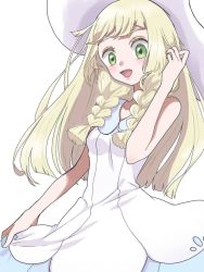 Rule 34 | 1girl, :d, aria pkmn, blonde hair, blush, braid, collared dress, commentary request, creatures (company), dress, game freak, green eyes, hand up, hat, lillie (pokemon), long hair, looking down, nintendo, open mouth, pokemon, pokemon sm, see-through, simple background, sleeveless, sleeveless dress, smile, solo, sun hat, sundress, tongue, twin braids, white background, white dress, white hat