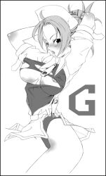 Rule 34 | 1girl, :o, ahoge, areola slip, arms behind head, arms up, belt, blush, body blush, border, breasts, breasts apart, covered erect nipples, cowboy shot, dress, folded ponytail, from side, garnet (the rumble fish), garnet (the rumble fish), greyscale, hairband, hat, highleg, highleg leotard, large breasts, leotard, leotard under clothes, looking at viewer, monochrome, nakamura yukitoshi, narrow waist, nipples, nose blush, nurse, nurse cap, open clothes, open dress, open mouth, panties, puffy nipples, short dress, short sleeves, side slit, simple background, solo, standing, the rumble fish, torn clothes, torn leotard, underboob, underwear, unzipped, zipper