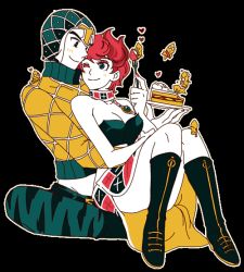 Rule 34 | 1boy, 1girl, animal print, argyle, argyle clothes, argyle sweater, bad id, bad pixiv id, bare shoulders, boots, breasts, cake, cleavage, colored skin, convenient leg, couple, food, fork, fruit, guido mista, hat, heart, hetero, homunculus, hug, hug from behind, jojo no kimyou na bouken, lovey dovey, medium breasts, midriff, one eye closed, orange shirt, pants, red hair, sex pistols (stand), shirt, sitting, sitting on lap, sitting on person, skirt, smile, stand (jojo), strawberry, sweater, sweetblossom, tiger print, transparent background, trish una, turtleneck, vento aureo, white skin, wink