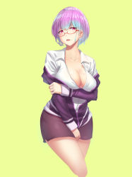 Rule 34 | 1girl, absurdres, artist request, bad id, bad pixiv id, breasts, cleavage, collarbone, commentary request, glasses, gridman universe, highres, jacket, large breasts, long sleeves, looking at viewer, off-shoulder jacket, off shoulder, purple jacket, shinjou akane, shirt, short hair, simple background, skirt, solo, ssss.gridman, white shirt, yellow background