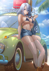 Rule 34 | 1girl, alternate costume, arm support, bare arms, bare shoulders, bikini, bikini top only, black bikini, blue eyes, blue shorts, boots, braid, breasts, car, cleavage, criss-cross halter, cutoffs, day, denim, denim shorts, earphones, earrings, genshin impact, halterneck, highres, holding, holding phone, jewelry, large breasts, long hair, looking at viewer, motor vehicle, navel, outdoors, phone, shenhe (genshin impact), short shorts, shorts, single braid, skindentation, solo, ssong2, standing, stomach, string bikini, swimsuit, thighhighs, thighs, very long hair, volkswagen, volkswagen beetle, white hair, white thighhighs