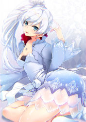 Rule 34 | 1girl, ass, blue eyes, breasts, dress, jacket, jewelry, lazuward niko, long hair, lying, necklace, on side, ponytail, rwby, scar, scar across eye, scar on face, small breasts, smile, solo, thighs, weiss schnee, white hair, wide sleeves