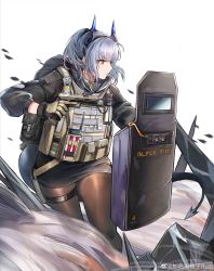 Rule 34 | 1girl, absurdres, arknights, backpack, bag, ballistic shield, black pantyhose, blue hair, chinese commentary, commentary request, dazzler (weapon), dragon girl, dragon horns, dragon tail, electroshock weapon, flag, flash shield, flashlight, gloves, gun, handgun, highres, holding, holding gun, holding shield, holding weapon, horns, jia redian ruzi ruzi, less-than-lethal weapon, liskarm (arknights), liskarm (overload) (arknights), looking afar, looking to the side, miniskirt, official alternate costume, orange eyes, pantyhose, pistol, ponytail, riot shield, shield, shoes, silver hair, skirt, smoke, sneakers, solo, spiked tail, standing, stun shield, tactical clothes, tail, thighs, weapon, weibo watermark, white background