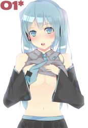 Rule 34 | 1girl, aqua eyes, bad id, bad pixiv id, blue hair, blush, breasts, clothes lift, detached sleeves, female focus, haekake, hatsune miku, headphones, headset, long hair, necktie, shirt lift, skirt, small breasts, solo, twintails, underboob, vocaloid, white background