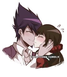 Rule 34 | 1boy, 1girl, blush, brown hair, closed eyes, closed mouth, collarbone, collared shirt, couple, criis-chan, cropped shoulders, danganronpa (series), danganronpa v3: killing harmony, face-to-face, flying sweatdrops, hand on another&#039;s head, harukawa maki, hetero, jacket, jacket on shoulders, long sleeves, low twintails, mole, mole under eye, momota kaito, pink jacket, profile, purple hair, red scrunchie, red shirt, sailor collar, scrunchie, shirt, spiked hair, tumblr username, twintails, watermark, web address, white shirt