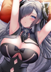 Rule 34 | 1girl, armpits, arms up, august von parseval (azur lane), azur lane, between breasts, blue eyes, blue hair, blush, breasts, cleavage, cleavage cutout, clothing cutout, covered erect nipples, hair over one eye, headgear, horns, large breasts, lying, mechanical horns, on back, one eye covered, pontaro18, ribbon, solo, underboob