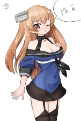 Rule 34 | 1girl, absurdres, black sailor collar, black skirt, black thighhighs, blue shirt, breasts, brown eyes, cleavage, cowboy shot, garter straps, hair ornament, highres, johnston (kancolle), kantai collection, light brown hair, long hair, looking at viewer, maru (marg0613), medium breasts, off-shoulder shirt, off shoulder, one-hour drawing challenge, one eye closed, pleated skirt, sailor collar, school uniform, serafuku, shirt, skirt, solo, speech bubble, thighhighs, two side up
