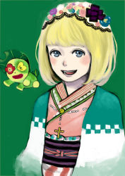 Rule 34 | 1girl, ao no exorcist, blonde hair, blue eyes, blush, cross, flower, hair flower, hair ornament, highres, junjunforever, looking at viewer, moriyama shiemi, nii (ao no exorcist), open mouth, short hair, solo, traditional clothes, traditional media