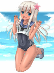 Rule 34 | 10s, 1girl, blue eyes, crop top, flower, hair flower, hair ornament, hanazome dotera, kantai collection, long hair, one-piece swimsuit, ro-500 (kancolle), sailor collar, school swimsuit, silver hair, swimsuit, swimsuit under clothes, tan, tanline