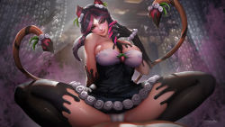 Rule 34 | 1girl, between breasts, black hair, blush, breasts, chocolate, chocolate covered, corset, dated, drill hair, covered erect nipples, evelynn (league of legends), food, food on body, food on head, fruit, girl on top, highres, large breasts, league of legends, looking down, multicolored hair, object on head, panties, pantyshot, signature, smile, spread legs, strawberry, streaked hair, sugar rush evelynn, turewindwalker, underwear, whipped cream, yellow eyes