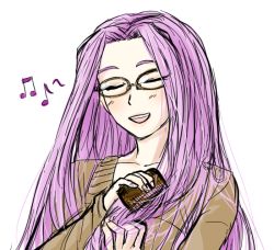 Rule 34 | brushing hair, comb, brushing hair, drawfag, closed eyes, fate/stay night, fate (series), glasses, long hair, medusa (fate), medusa (rider) (fate), music, musical note, purple hair, singing, sweater, upper body, v-neck, very long hair