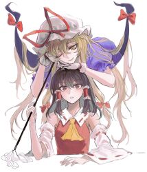 Rule 34 | 2girls, ;), ascot, black hair, blonde hair, bow, chin rest, closed mouth, commentary, detached sleeves, frilled hair tubes, frills, gap (touhou), gloves, gohei, hair between eyes, hair tubes, hakurei reimu, hand on another&#039;s head, hat, hat ribbon, head on head, head rest, head tilt, highres, holding, holding gohei, korean commentary, long hair, looking down, looking up, medium hair, multiple girls, one eye closed, parted lips, red bow, red eyes, red ribbon, red vest, ribbon, ribbon-trimmed sleeves, ribbon trim, sidelocks, simple background, smile, touhou, very long hair, vest, white background, white gloves, white headwear, white sleeves, yakumo yukari, yellow ascot, yuggug