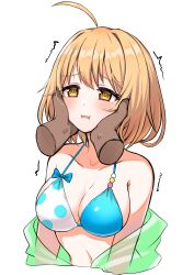 1girl :i ahoge armpit_crease bare_shoulders bikini blonde_hair blue_bikini blush bow bow_bikini breasts cheek_squash cleavage collarbone commentary_request cropped_torso disembodied_hand furrowed_brow green_shirt hand_on_another&#039;s_cheek hand_on_another&#039;s_face haru_estia highres korean_commentary looking_ahead losvje1024 medium_breasts motion_lines orange_eyes parted_lips polka_dot polka_dot_bikini see-through see-through_shirt shirt shirt_down simple_background solo_focus soulworker swimsuit trembling white_background