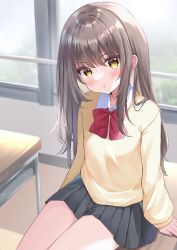Rule 34 | 1girl, angry, black skirt, blurry, blurry background, blush, bow, bowtie, brown eyes, brown hair, cardigan, classroom, closed mouth, collared shirt, desk, dress shirt, hamico, highres, indoors, long hair, long sleeves, looking at viewer, original, pleated skirt, pout, red bow, red bowtie, school uniform, shirt, sitting, skirt, solo, white shirt, window, yellow cardigan