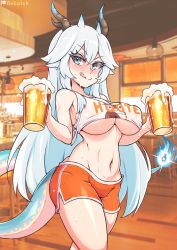 Rule 34 | 1girl, alcohol, bebatch, beer, beer mug, blue eyes, blue fire, blue hair, blush, breasts, commission, cup, dragon horns, dragon tail, fire, highres, hooters, horns, large breasts, licking lips, looking at viewer, looking to the side, midriff, mug, navel, orange shorts, short shorts, shorts, solo, tail, tongue, tongue out, underboob, vei (vtuber), vei (vtuber) (sky empress), virtual youtuber, vshojo, waitress