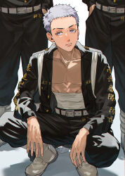 Rule 34 | 3boys, bare pectorals, belt, black pants, boots, clothes writing, collarbone, earrings, fingernails, grey eyes, head out of frame, highres, jacket, jewelry, male focus, mirin (coene65), mitsuya takashi, multiple boys, open clothes, open jacket, pants, pectorals, short hair, single earring, solo focus, squatting, tokyo revengers, translation request, white background, white belt, white footwear, white hair