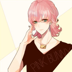 Rule 34 | 10s, 1boy, alternate hairstyle, bad id, bad pixiv id, barnaby brooks jr., blue eyes, glasses, jewelry, male focus, necklace, pink hair, poco24, shirt, solo, t-shirt, tiger &amp; bunny