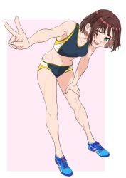 Rule 34 | 1girl, :d, blue footwear, blush, bob cut, breasts, brown hair, buruma, collarbone, eyelashes, frown, full body, furrowed brow, green eyes, groin, gym uniform, hand on own knee, hand on own thigh, highres, legs, looking at viewer, medium breasts, midriff, navel, nishiya yasushi, open mouth, original, parted bangs, shoes, short hair, sidelocks, simple background, sleeveless, smile, solo, sports bra, sportswear, standing, sweat, sweatdrop, swimsuit, teeth, thick eyebrows, thighs, tongue, track uniform, underwear, upper teeth only, v, wet