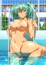 Rule 34 | 1girl, breasts, cleft of venus, green eyes, green hair, highres, ikkitousen, medium breasts, nipples, nude, nude filter, outdoors, partially submerged, pool, pussy, ryofu housen, solo, third-party edit, twintails, uncensored, water, wet