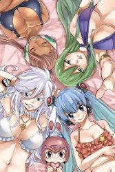Rule 34 | 4girls, absurdres, arm up, asymmetrical hair, bed sheet, bikini, bikini top only, black bikini, blue eyes, blue hair, blush, breasts, brown hair, cleavage, closed eyes, closed mouth, collarbone, criss-cross halter, crossed arms, detached collar, eden&#039;s zero, facial mark, frilled bikini, frills, from below, gradient hair, green eyes, green hair, grin, hair between eyes, halterneck, hermit mio, high ponytail, highres, jewelry, large breasts, long hair, looking at viewer, lying, mashima hiro, multicolored hair, multiple girls, navel, necklace, official art, on back, pino (eden&#039;s zero), red bikini, silver hair, sister ivry, small breasts, smile, swimsuit, upper body, valkyrie (eden&#039;s zero), very long hair, white bikini, witch (eden&#039;s zero)