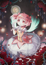 Rule 34 | 10s, 1girl, bad id, bad pixiv id, flower, gloves, kaname madoka, magical girl, mahou shoujo madoka magica, mahou shoujo madoka magica (anime), petals, pink hair, red eyes, red flower, red rose, rose, short hair, silverms2, solo, soul gem, spoilers, thorns, twintails, wings