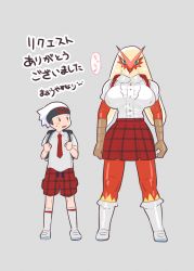 Rule 34 | 1boy, 1girl, animal hands, arms at sides, backpack, bag, beak, beanie, bird girl, black eyes, blaziken, blonde hair, blue eyes, blush, blush stickers, body fur, breasts, breasts apart, brendan (pokemon), buttons, center frills, claws, closed mouth, collared shirt, colored sclera, covered erect nipples, creatures (company), drawstring, frilled shirt, frills, full body, furry, furry female, game freak, gen 3 pokemon, grey background, grey footwear, grey shirt, grey socks, hands up, hat, highres, japanese text, kneehighs, large breasts, legs apart, long hair, looking at another, looking at viewer, looking to the side, mao uyasunari, miniskirt, musical note, necktie, nintendo, open mouth, plaid, plaid shorts, plaid skirt, pleated skirt, poke ball symbol, pokemon, pokemon (creature), pokemon rse, puffy short sleeves, puffy sleeves, red fur, red necktie, red shorts, red skirt, school uniform, shiny skin, shirt, shirt tucked in, shoes, short sleeves, shorts, simple background, sketch, skirt, socks, spoken musical note, standing, straight-on, sweat, translation request, two-tone fur, white headwear, white shirt, yellow fur, yellow sclera