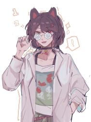 Rule 34 | !, 1girl, animal ears, black choker, blue nails, brown hair, chinese commentary, choker, coat, coke-bottle glasses, collarbone, commentary request, dog ears, glasses, hand in pocket, hand up, heterochromia, highres, inui toko, lab coat, lingyi, long hair, nijisanji, open mouth, red eyes, shirt, smile, solo, spoken exclamation mark, twintails, upper body, virtual youtuber, white coat, white shirt, yellow eyes