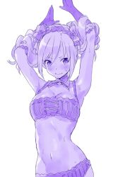 Rule 34 | 10s, 1girl, bikini, blush, bowcan, breasts, cleavage, drill hair, elbow gloves, gloves, idolmaster, idolmaster cinderella girls, kanzaki ranko, long hair, medium breasts, monochrome, outstretched arms, solo, swimsuit, twin drills, twintails