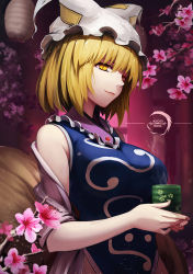 Rule 34 | 1girl, animal hat, blonde hair, branch, breasts, cherry blossoms, cup, flower, fox tail, hat, hat with ears, holding, large breasts, light smile, lips, looking at viewer, mob cap, multiple tails, mob cap, short hair, sideways glance, sleeveless, slit pupils, solo, steam, swimsuit, tabard, tail, teacup, touhou, upper body, watermark, xiaoyin li, yakumo ran, yellow eyes, yunomi