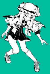 Rule 34 | 1girl, blue theme, bow, crescent, crescent hair ornament, green background, green theme, hair bow, hair ornament, hat, long hair, miniskirt, monochrome, open mouth, patchouli knowledge, shoes, skirt, sneakers, solo, thupoppo, touhou