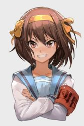 Rule 34 | 1girl, armband, blue sailor collar, brown eyes, brown hair, collarbone, cropped torso, crossed arms, hair between eyes, hairband, hungry clicker, kita high school uniform, looking at viewer, orange hairband, parted lips, red armband, safety pin, sailor collar, school uniform, serafuku, shirt, short hair, simple background, smile, solo, suzumiya haruhi, suzumiya haruhi no yuuutsu, teeth, upper body, white background, white shirt