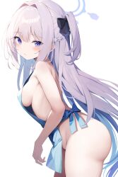 Rule 34 | 1girl, absurdres, apron, ass, blue apron, blue archive, blue halo, blush, braid, breasts, closed mouth, cowboy shot, from side, grey hair, groin, hair between eyes, halo, highres, long hair, looking at viewer, medium breasts, miyako (blue archive), naked apron, one side up, purple eyes, simple background, solo, tateishi kureha, white background