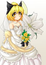 Rule 34 | 1girl, alternate costume, bare shoulders, blonde hair, bouquet, bow, breasts, bridal veil, choker, cleavage, dress, elbow gloves, female focus, flower, fun bo, gloves, gradient background, hair bow, highres, kurodani yamame, large bow, lily (flower), plant, ponytail, ribbon, short hair, small breasts, smile, solo, touhou, veil, wedding, wedding dress, white background, yellow eyes