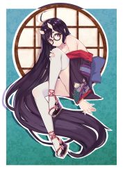 Rule 34 | 1girl, absurdly long hair, ahoge, bare shoulders, black-framed eyewear, black hair, breasts, from side, full body, glasses, highres, horns, japanese clothes, kimono, knee up, long hair, looking at viewer, nail polish, off shoulder, okobo, oni horns, original, pink nails, platform footwear, red eyes, ryuuno6, sandals, short kimono, solo, thighhighs, very long hair, white thighhighs