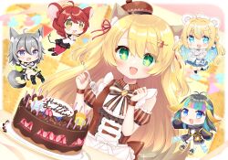 Rule 34 | + +, 5girls, :d, acorn hair ornament, ahoge, animal ears, apron, bear ears, birthday cake, black footwear, black hair, black jacket, black skirt, blonde hair, blue eyes, blue hair, blue skirt, blue socks, blurry, blurry background, blush, boots, braid, brown dress, brown headwear, cake, chibi, commentary request, commission, copyright request, crop top, cross-laced footwear, depth of field, detached sleeves, dress, fishnet socks, fishnets, food, frilled skirt, frills, green eyes, grey hair, hair ornament, hair over shoulder, hair ribbon, hairclip, hands up, happy birthday, hat, highres, jacket, juliet sleeves, kneehighs, lace-up boots, long hair, long sleeves, midriff, mini hat, mini person, minigirl, mouse ears, mouse girl, mouse tail, multicolored hair, multiple girls, navel, open clothes, open jacket, open mouth, pantyhose, pink hair, pleated skirt, puffy long sleeves, puffy short sleeves, puffy sleeves, purple eyes, red hair, red pantyhose, red ribbon, ribbon, shikito (yawa0w0), shirt, short sleeves, single braid, single kneehigh, single sock, skirt, sleeves past wrists, smile, socks, star (symbol), star hair ornament, streaked hair, tail, tilted headwear, two-tone hair, two side up, very long hair, virtual youtuber, white apron, white footwear, white shirt, wolf ears, wolf girl, wolf tail, yellow eyes