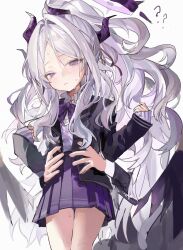 Rule 34 | 1boy, 1girl, ?, alternate costume, black jacket, blue archive, blush, bow, bowtie, demon horns, demon wings, grey hair, halo, highres, hina (blue archive), horns, jacket, long hair, nervous sweating, pleated skirt, purple bow, purple bowtie, purple eyes, purple shirt, purple skirt, qqkkay, sensei (blue archive), shirt, simple background, skirt, sweat, torso grab, very long hair, white background, wings