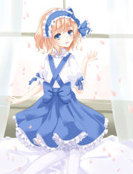 Rule 34 | 1girl, alice margatroid, alice margatroid (pc-98), blonde hair, blue eyes, bow, curtains, dress, frilled skirt, frills, from behind, hairband, hand up, layered dress, lolita hairband, looking at viewer, looking back, nanatuki13, open mouth, pantyhose, petals, puffy short sleeves, puffy sleeves, ribbon, short sleeves, skirt, smile, solo, touhou, touhou (pc-98), white pantyhose, window